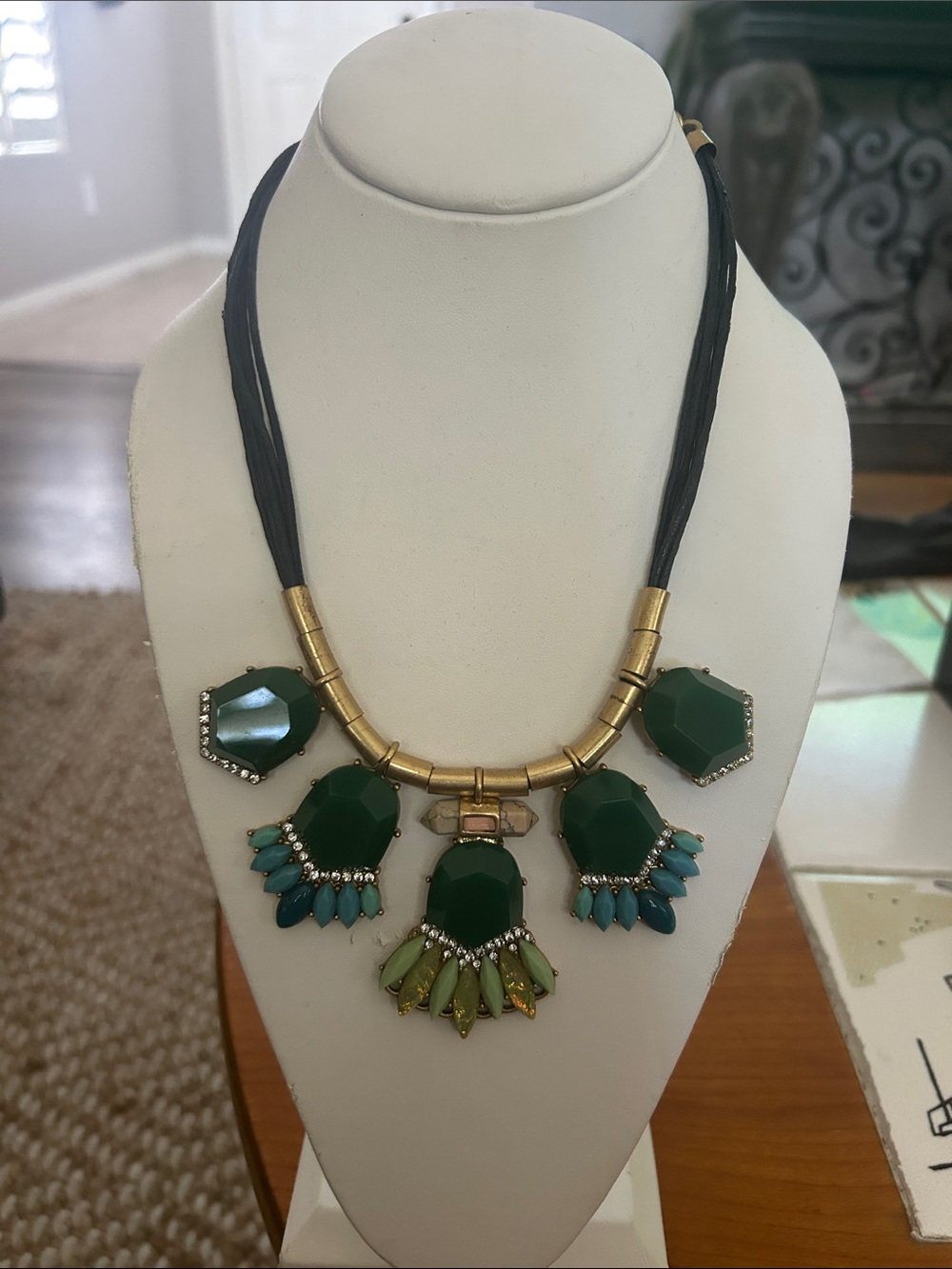 J. Crew Emerald and Teal Bib Necklace with Gold Accents